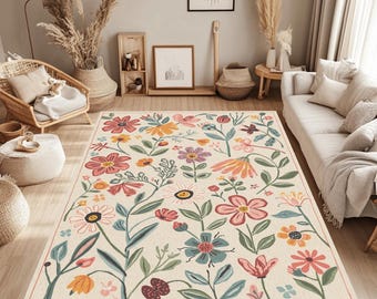 Boho Printed Rug, Hand Drawn Floral Washable Area Rug, Cottagecore Non Slip Carpet, Cheerful Flower Bohemian Decor