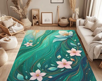 Abstract Floral Area Rug – Washable Non-Slip Rug, Modern Botanical Carpet, Teal Green Flower Rug, Living Room Bedroom Home Decor
