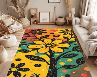 Vibrant Retro Floral Art Rug with Bold Colors, Whimsical Flowers, and Playful Heart Accents