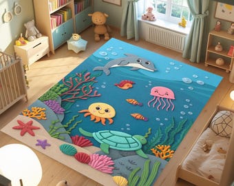 Op de afbeelding: Een kleurrijk kindertapijt met een onderwaterthema. Het tapijt heeft een blauwe achtergrond met verschillende zeedieren, waaronder een dolfijn, kwal, octopus en schildpad. Koraal en zeewier zijn ook afgebeeld. Het tapijt ligt in een kinderkamer.
