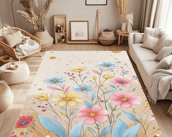 Pastel Floral Illustration Rug, Hand-Drawn Wildflower Carpet, Modern Boho Decor