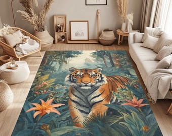 Tiger Jungle Rug, Washable Non-Slip Kids Carpet, Custom Size