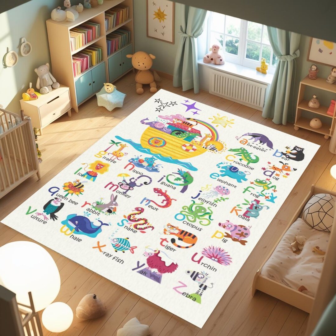 Alphabet Animals Kids Rug , Colorful ABC Learning Area Rug , Nursery ...