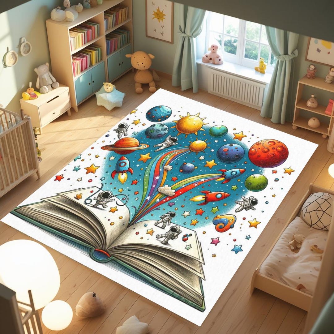 Kids Space Adventure Rug With Astronauts Planets Rockets and Storybook ...