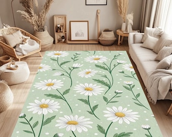 Tapete Floral de Margaridas, Tapete Botânico Verde Suave, Tapete com Estética Cottagecore, Tapete Vintage com Estampa Floral, Decoração para Quarto de Bebê e Quarto Infantil