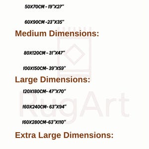 May include: A product size chart with dimensions in both centimeters and inches. The chart lists sizes from small to extra large, including measurements like 15"x23" and 160x240cm. The text "Rug Art" is visible in the background.