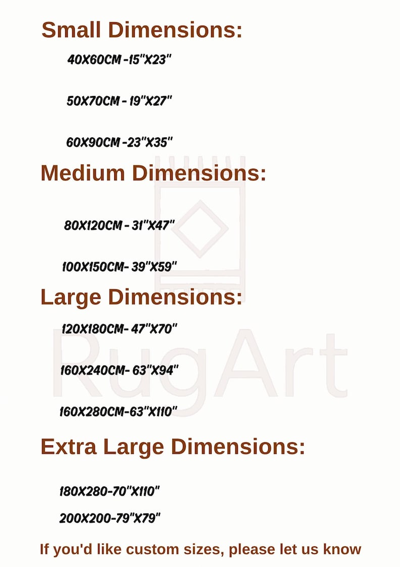May include: A product size chart with dimensions in both centimeters and inches. The chart lists sizes from small to extra large, including measurements like 15"x23" and 160x240cm. The text "Rug Art" is visible in the background.