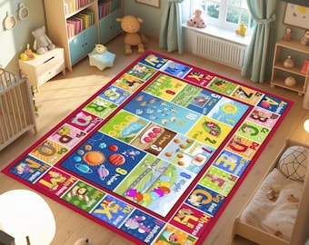 May include: A rectangular area rug featuring a colorful educational design with the alphabet from A to Z along the border and numbers one through ten in the center, each paired with corresponding illustrations like animals, planets, and objects.
