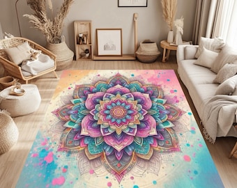 Colorful Mandala Area Rug , Non Slip Washable Rug , Boho Spiritual Home Decor , Living Room Bedroom Meditation Rug