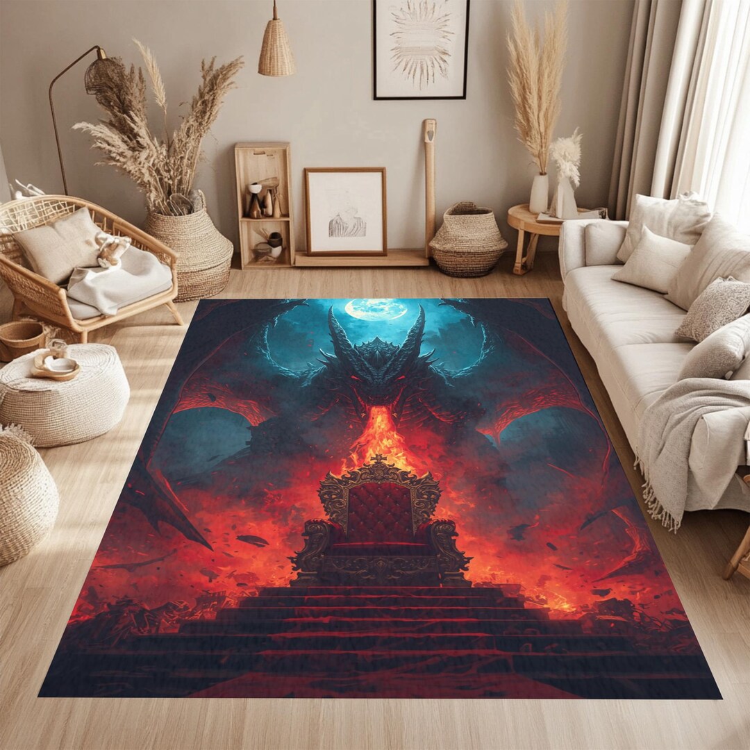 Epic Rug Fire Dragon Throne Rug , Epic Dark Fantasy Rug , Gothic Dragon Art ...