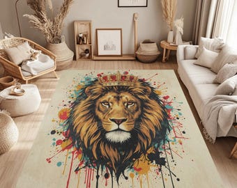 Crowned Lion Rug , King of the Jungle Graffiti Art Carpet , Bold Street Style Animal Decor , Modern Washable Area Rug