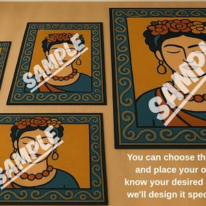 May include: A collection of doormats featuring a portrait of a woman with a floral headdress, necklace, and earrings. The mats have a mustard yellow background with a teal border. The word "SAMPLE" is printed across each mat.