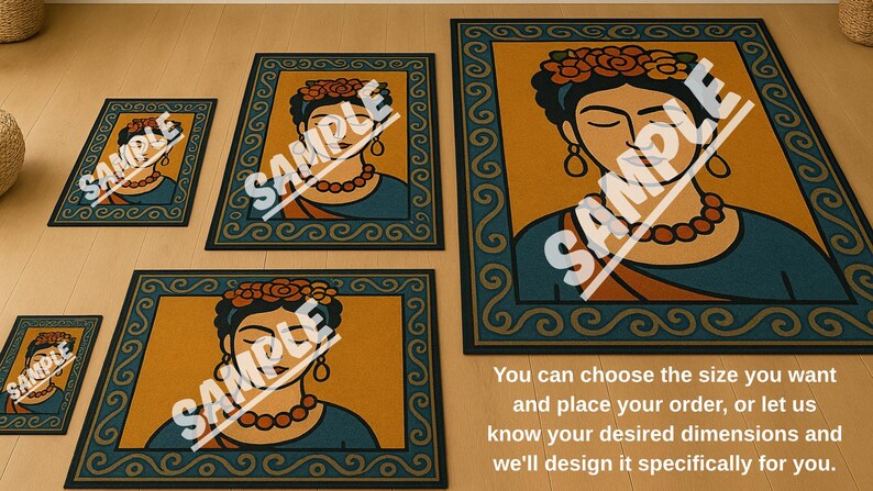 May include: A collection of doormats featuring a portrait of a woman with a floral headdress, necklace, and earrings. The mats have a mustard yellow background with a teal border. The word "SAMPLE" is printed across each mat.