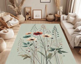 Botanical Wildflower Rug, Vintage Floral, Non-Slip Washable Area Rug