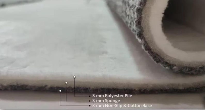 May include: Close-up of a layered rug with a 3 mm polyester pile, a 3 mm sponge layer, and a 3 mm non-slip cotton base. The rug is rolled up on the right side, revealing the different layers. The text on the image indicates the layers.