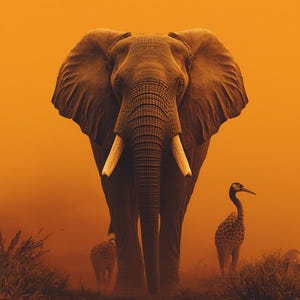 May include: A majestic elephant with large tusks stands prominently in a sepia-toned landscape. Two birds are visible in the background. The image evokes a sense of the African savanna and wildlife.