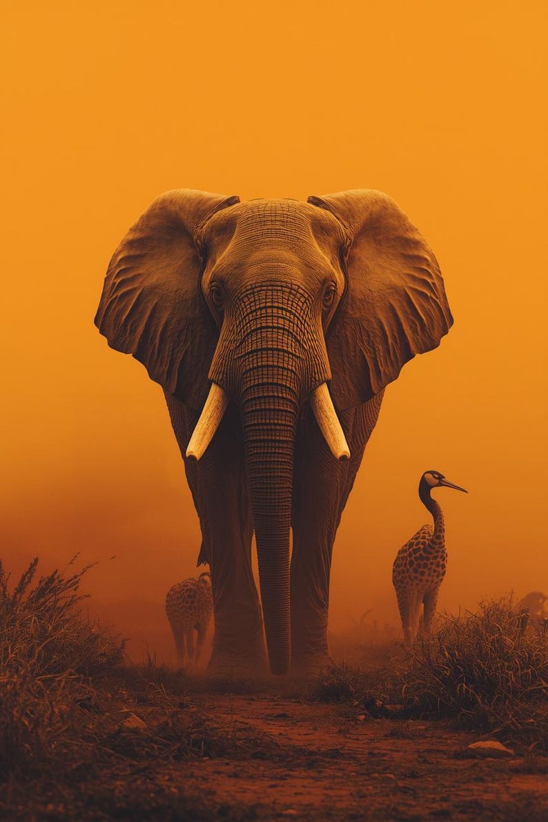 May include: A majestic elephant with large tusks stands prominently in a sepia-toned landscape. Two birds are visible in the background. The image evokes a sense of the African savanna and wildlife.