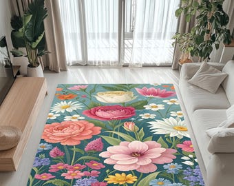 Tapete Floral Garden com Flores Botânicas Coloridas, Macio e Decorativo para Sala de Estar.