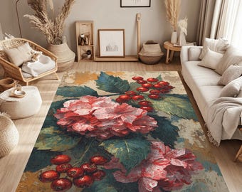Realistic Floral Berry Rug, Vintage Botanical Carpet, Washable Nature Decor