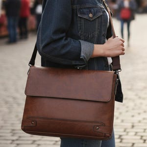 Puede incluir: Bolso mensajero de cuero marrón con cierre de solapa y correa para el hombro. El bolso tiene forma rectangular y lo lleva una persona que lleva una chaqueta vaquera.