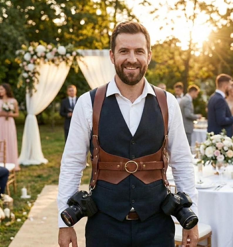 May include: A photographer wearing a brown leather camera harness with two black cameras. He is wearing a white shirt, a navy blue vest, and is smiling. The background shows a wedding ceremony.