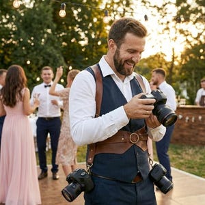 May include: A photographer wearing a brown leather camera harness with three black cameras. The photographer is smiling and holding a camera, with a party in the background. The photographer is wearing a white shirt and a navy blue vest.