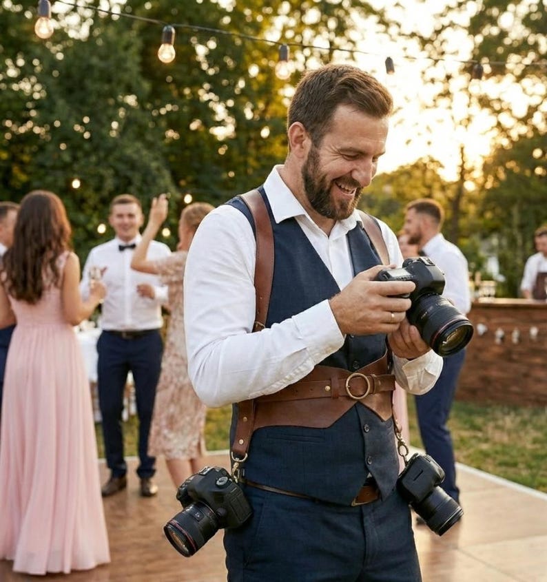 May include: A photographer wearing a brown leather camera harness with three black cameras. The photographer is smiling and holding a camera, with a party in the background. The photographer is wearing a white shirt and a navy blue vest.