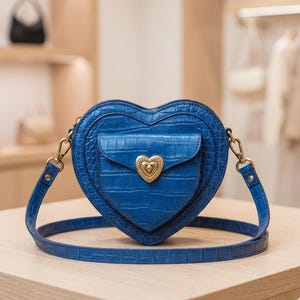 Puede incluir: Un bolso azul en forma de corazón con un patrón texturizado similar al de un cocodrilo. El bolso tiene un pequeño bolsillo frontal con un cierre dorado en forma de corazón y una correa de cadena dorada a juego. El bolso está sobre una superficie de madera.