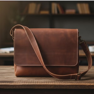 Könnte beinhalten: Eine braune Leder-Umhängetasche mit Klappenverschluss und verstellbarem Schulterriemen. Die Tasche hat weiße Nähte und eine Metallschnalle. Die Tasche steht auf einer Holzoberfläche.