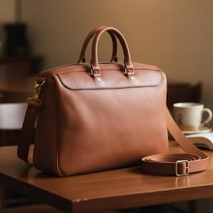 Op de afbeelding: Een bruine leren aktetas met een handvat aan de bovenkant en een afneembare schouderriem. De tas heeft een rechthoekige vorm met een ritssluiting en messingkleurige hardware. De tas staat op een houten tafel.