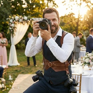 May include: A photographer wearing a brown leather camera harness with two cameras attached. He is holding a black camera to his eye, smiling. The background includes a wedding ceremony with floral decorations and guests.