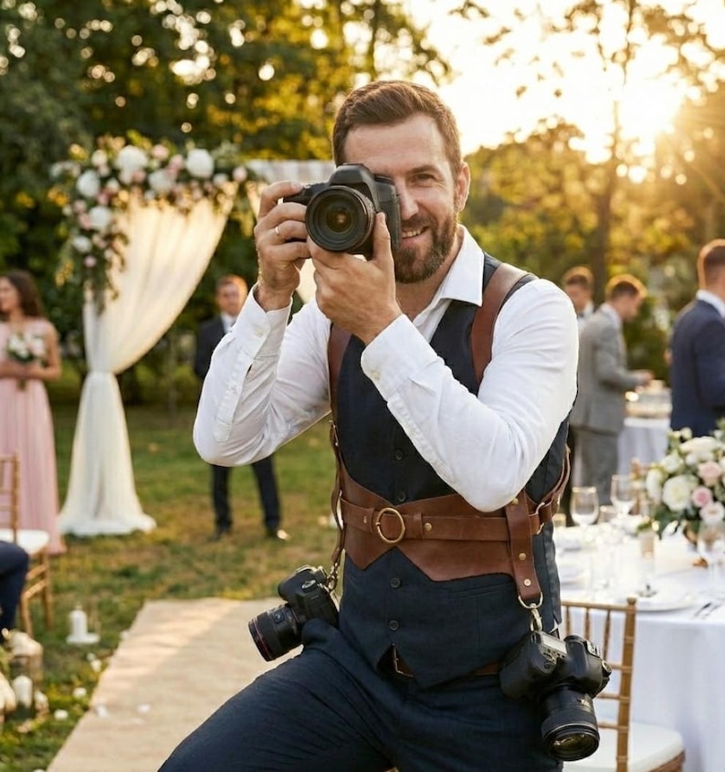 May include: A photographer wearing a brown leather camera harness with two cameras attached. He is holding a black camera to his eye, smiling. The background includes a wedding ceremony with floral decorations and guests.