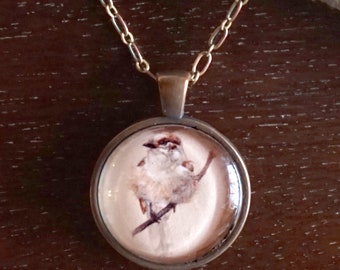 Ilustración de aves de vidrio de 1 pulgada y collar colgante de metal (Gray Jay)