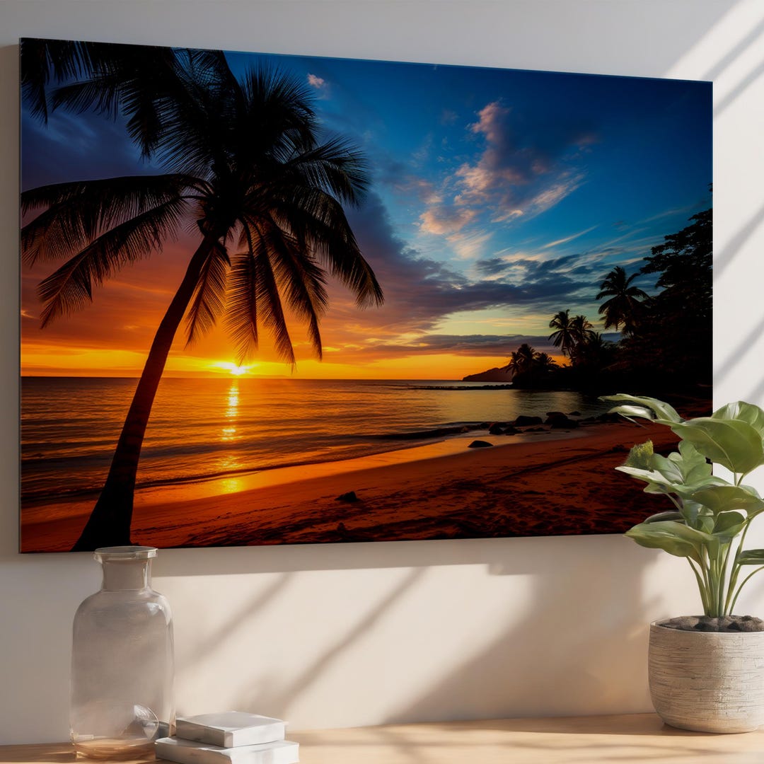 Tropical Sunset Beach & Palm Trees Tempered Glass Wall Art - Modern ...