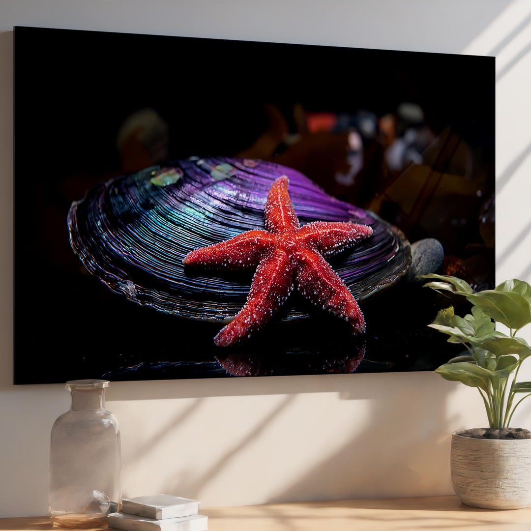 Starfish & Shell Coastal Tempered Glass Wall Art - Ocean Theme Glossy ...