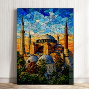 May include: A stained glass style artwork depicting a large mosque with a central dome and two tall minarets. The scene features a vibrant sky with shades of blue and orange, while the foreground shows detailed architecture and lush green trees.