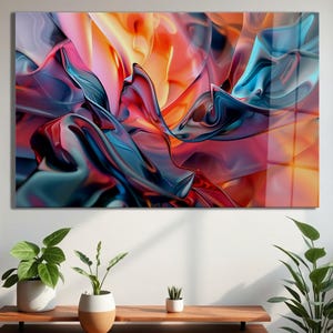 Puede incluir: Una pieza de arte mural rectangular que presenta una composición abstracta de formas fluidas y líquidas en tonos vibrantes de naranja, rojo intenso, magenta y azul verdoso, con una superficie brillante que crea profundidad y movimiento.