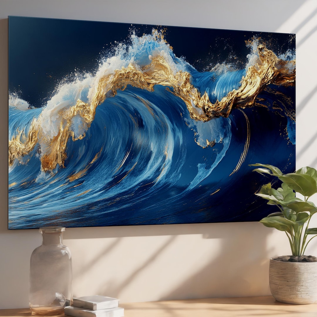 Blue Gold Ocean Wave Tempered Glass Wall Art - Modern Abstract Sea Art ...