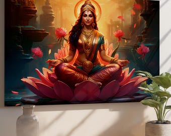 Arte mural de vidrio templado de la diosa Lakshmi - Decoración espiritual hindú - Arte de loto sagrado