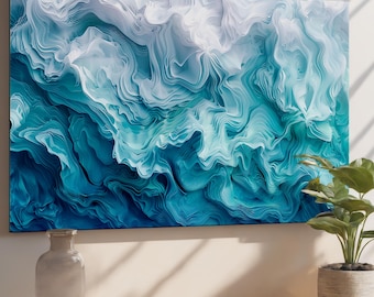 Arte mural abstracto de vidrio templado azul: decoración moderna con olas del océano