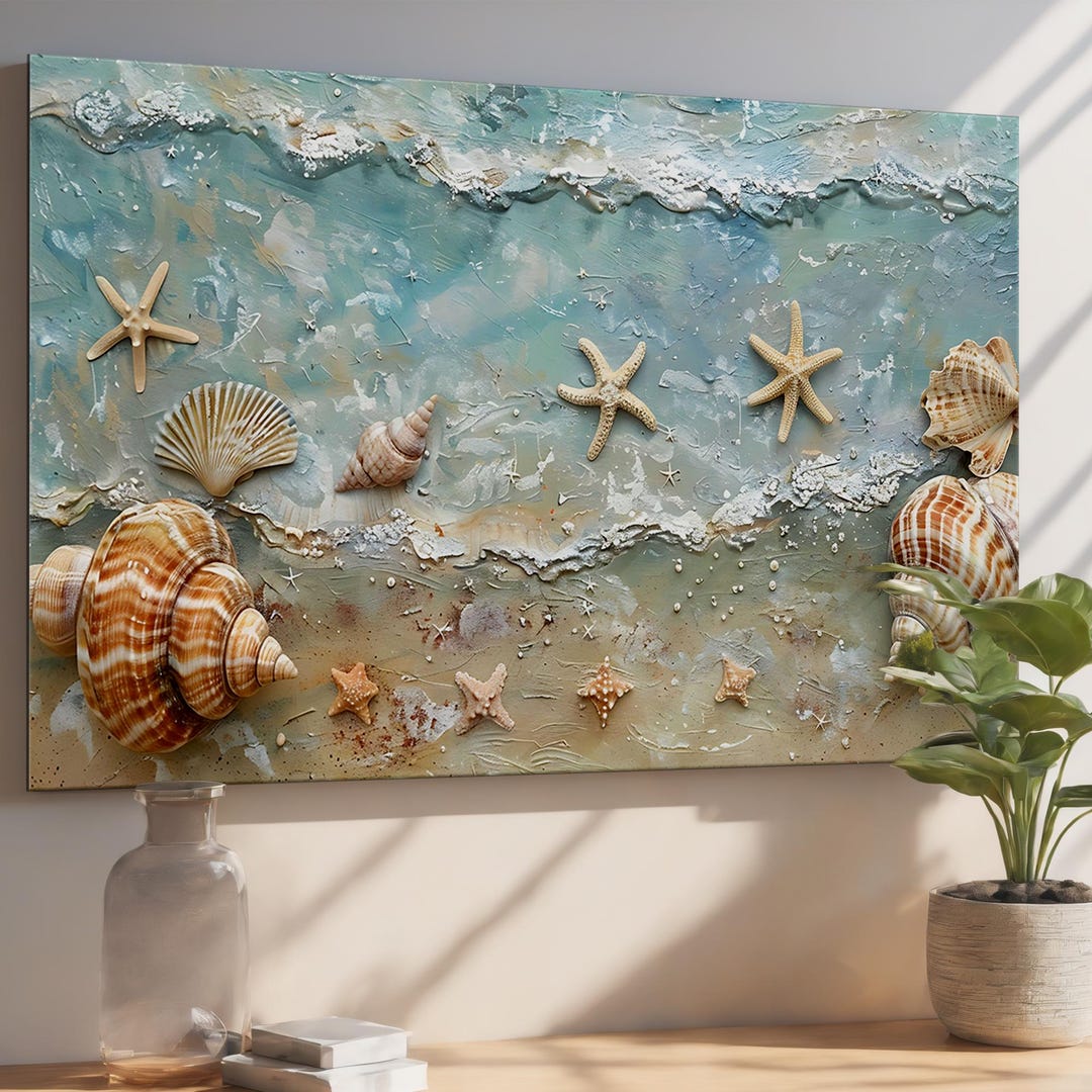 Coastal Seashell & Starfish Tempered Glass Wall Art - Ocean Beach Decor ...