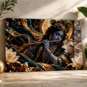 May include: A rectangular wall art print featuring a blue-skinned figure playing a golden flute, adorned with a peacock feather crown and jewellery. A cow rests beside the figure, surrounded by flowing teal and gold fabric and white lotus flowers.