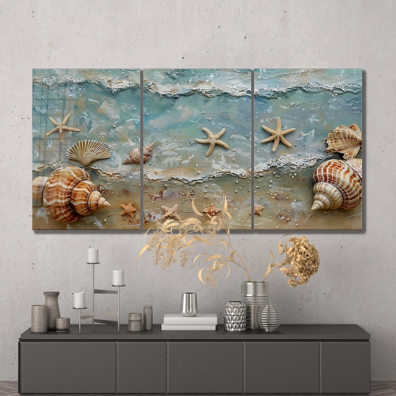 Coastal Seashell & Starfish Tempered Glass Wall Art - Ocean Beach Decor ...