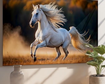Galloping White Horse Tempered Glass Wall Art – Modern Animal Decor