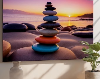Puede incluir: Impresión en lienzo que muestra una pila de piedras lisas y coloridas equilibradas en una playa arenosa. El fondo muestra una puesta de sol sobre el océano, con tonos de naranja, rosa y morado en el cielo. Una pieza decorativa para el hogar.