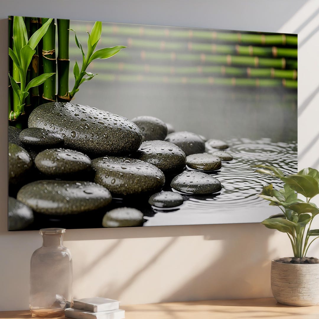 Zen Bamboo & Stone Glass Wall Decor - Modern Relaxing Artwork - Etsy