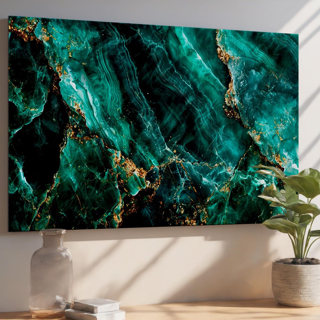 Emerald Green & Gold Tempered Glass Wall Art - Luxury Marble Effect ...