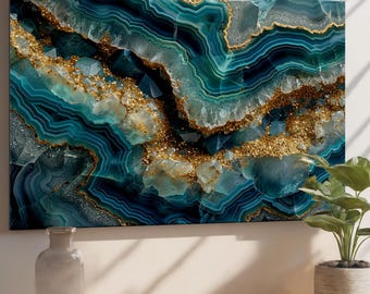 Teal und Gold Abstrakte Geode Wandkunst aus gehärtetem Glas - Modernes Luxusdekor