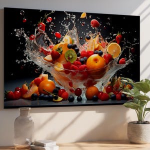 Op de afbeelding: Een levendige stillevenprint van een fruitschaal met een waterspat. De kom is gevuld met sinaasappels, aardbeien, frambozen, blauwe bessen, kiwi's en kersen. Waterdruppels en fruit zweven in de lucht tegen een zwarte achtergrond.