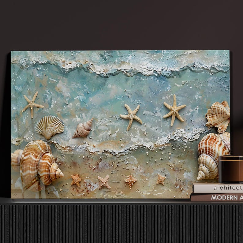 Coastal Seashell & Starfish Tempered Glass Wall Art - Ocean Beach Decor ...